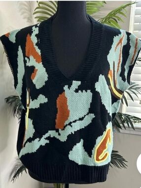 Black Abstract Pattern V-Neck Sweater Vest